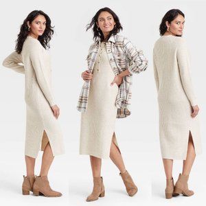 Universal Thread Women's Long Sleeve Henley Neck Knit Sweater Dress Cream Small